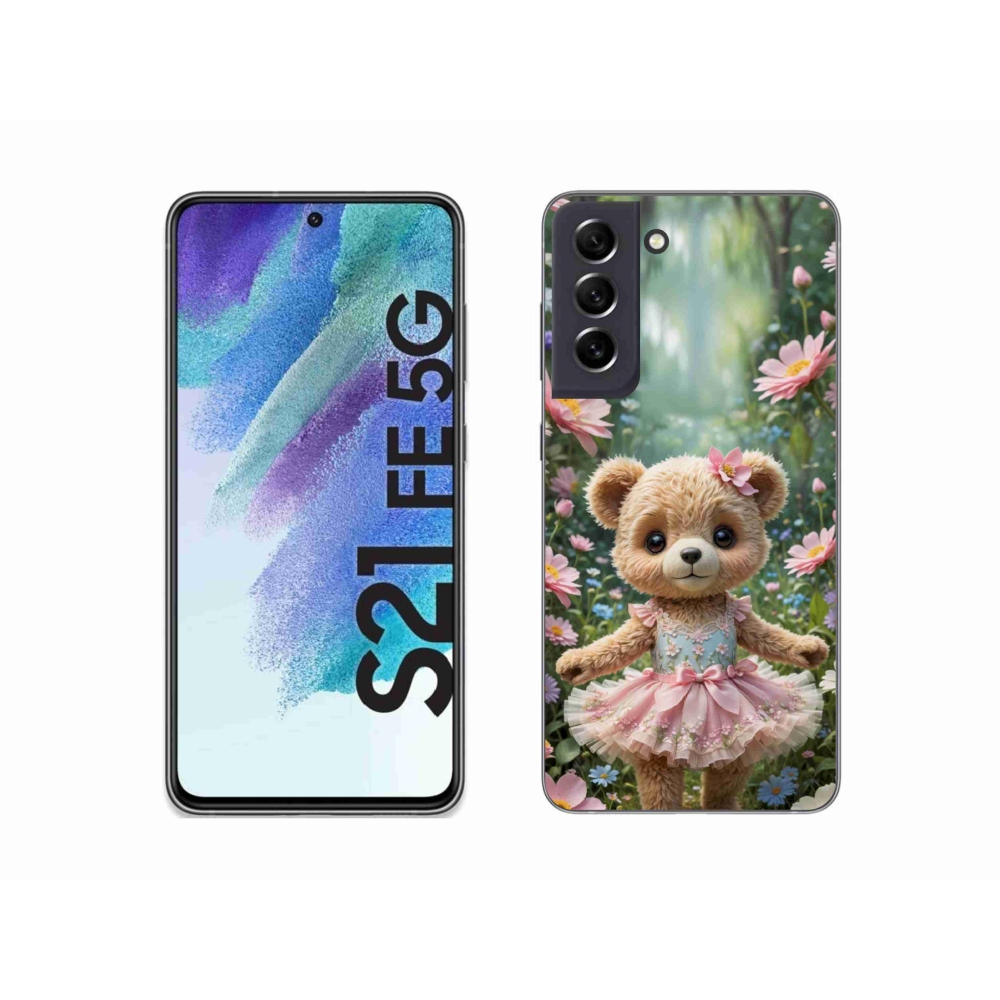 Gélový kryt mmCase na Samsung Galaxy S21 FE 5G - roztomilý medvedík v kvetoch