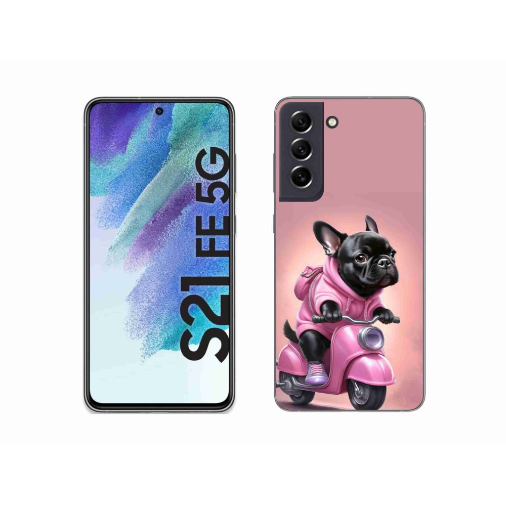 Gélový kryt mmCase na Samsung Galaxy S21 FE - francúzsky buldoček na skútri