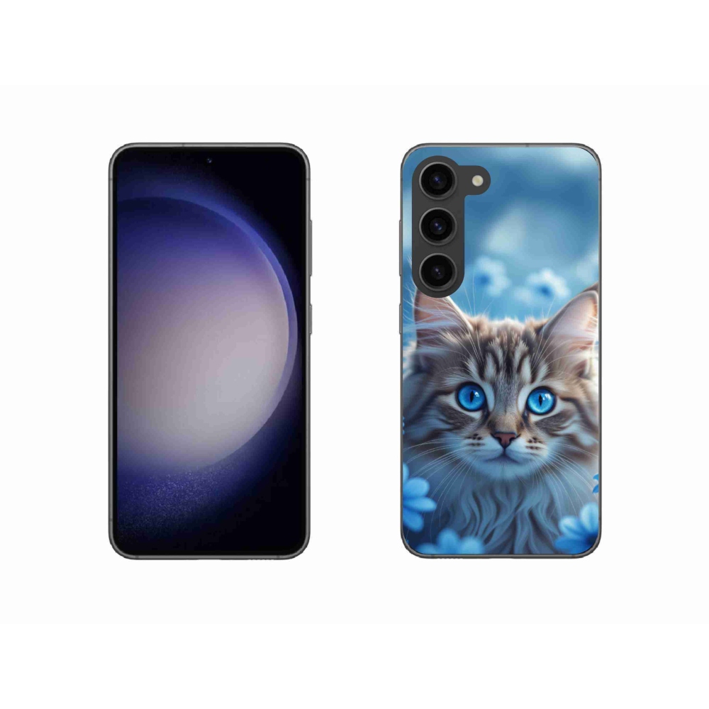 Gélový kryt mmCase na Samsung Galaxy S23 5G - mačiatko v modrých kvetoch
