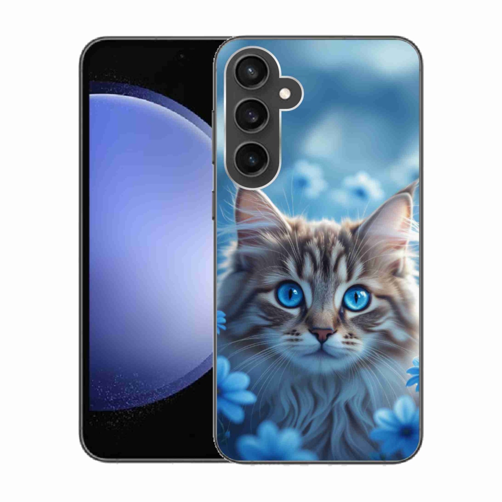 Gélový kryt mmCase na Samsung Galaxy S23 FE - mačiatko v modrých kvetoch