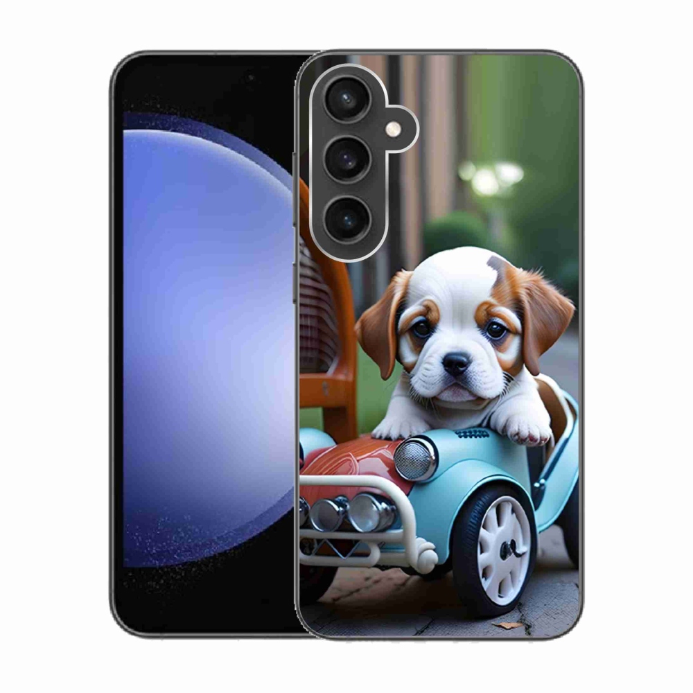 Gélový kryt mmCase na Samsung Galaxy S23 FE - šteňa v retro aute