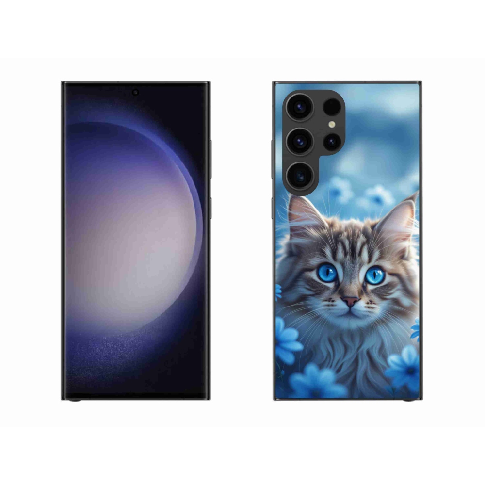 Gélový kryt mmCase na Samsung Galaxy S23 Ultra 5G - mačiatko v modrých kvetoch