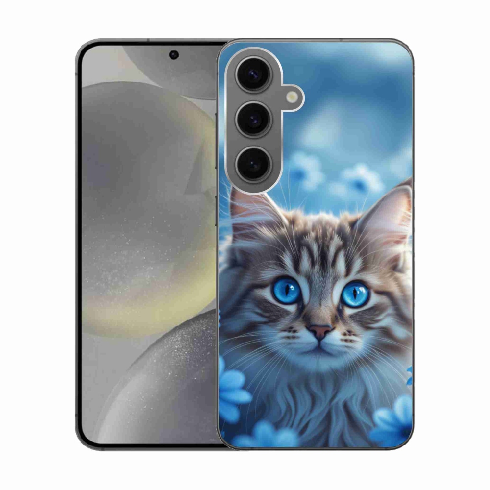 Gélový kryt mmCase na Samsung Galaxy S24 - mačiatko v modrých kvetoch