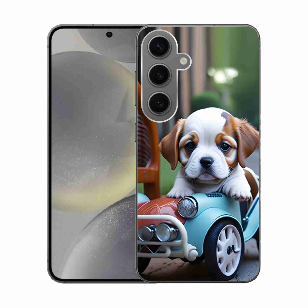 Gélový kryt mmCase na Samsung Galaxy S24 - šteňa v retro aute