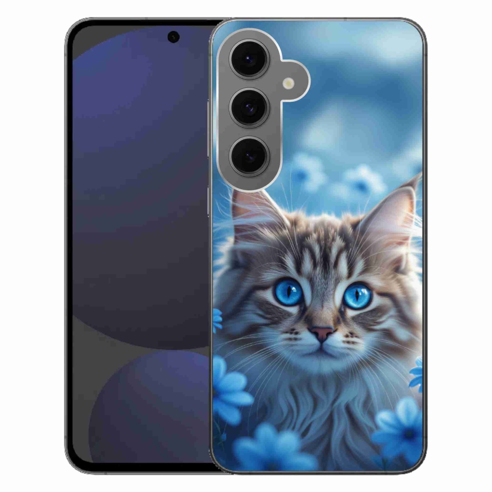 Gélový kryt mmCase na Samsung Galaxy S24FE - mačiatko v modrých kvetoch