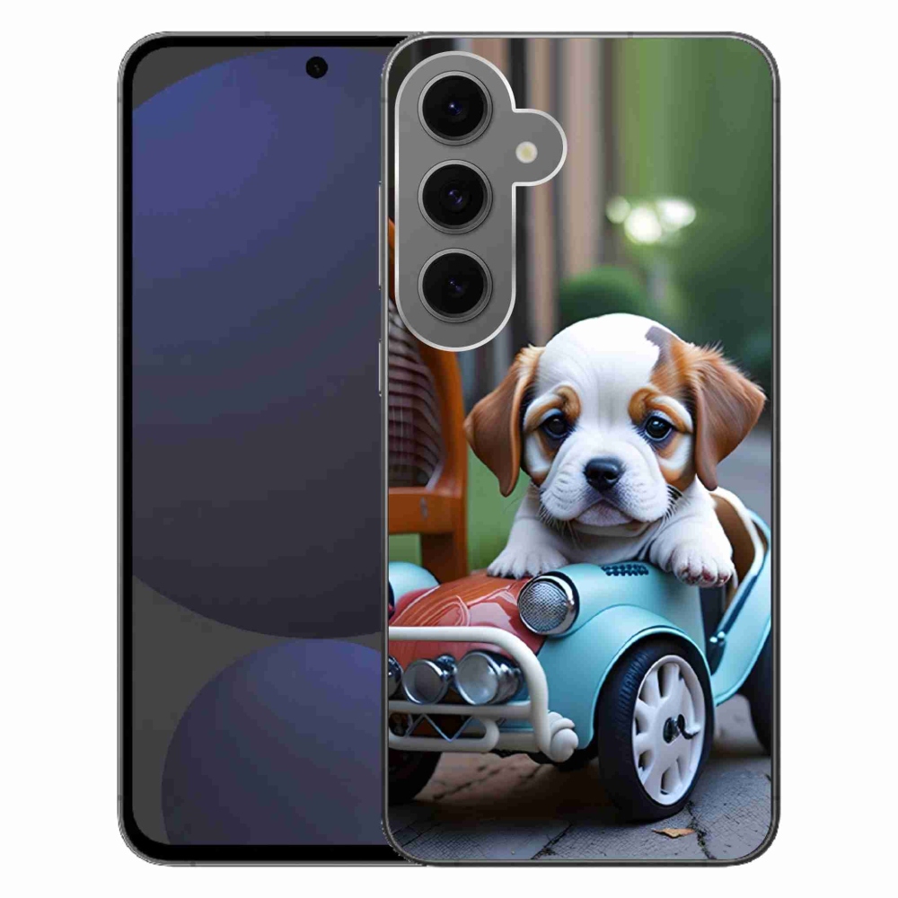 Gélový kryt mmCase na Samsung Galaxy S24FE - šteňa v retro aute