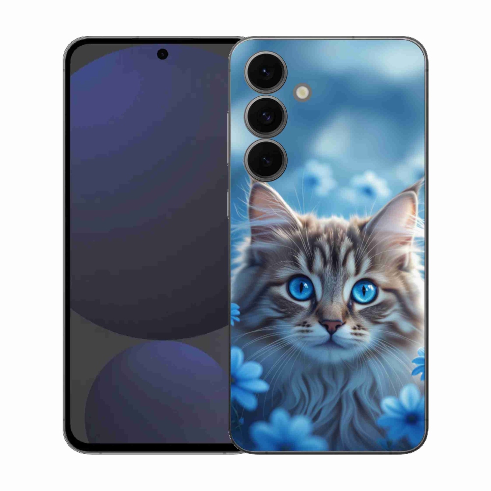 Gélový kryt mmCase na Samsung Galaxy S25 EFE - mačiatko v modrých kvetoch
