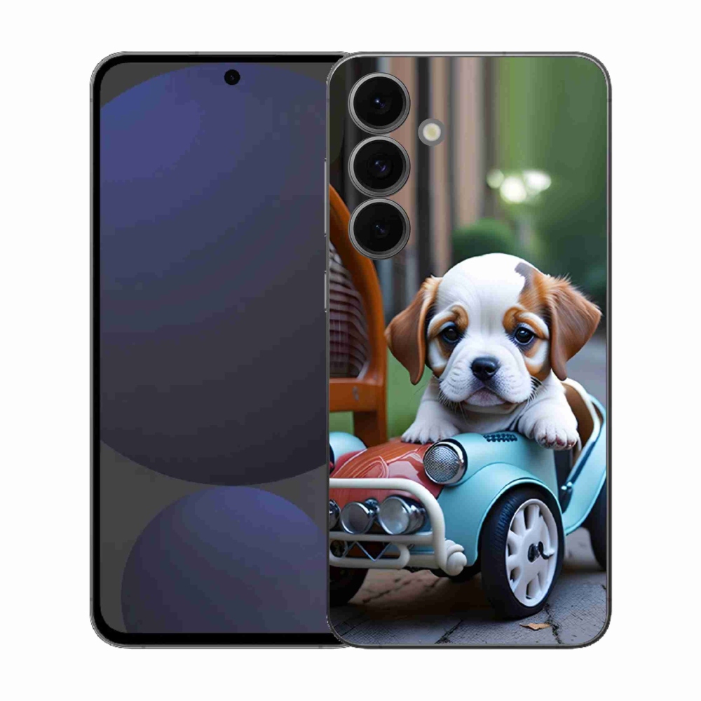 Gélový kryt mmCase na Samsung Galaxy S25 EFE - šteňa v retro aute