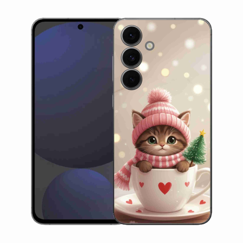 Gélový kryt mmCase na Samsung Galaxy S25 EFE - vianočné mačiatko v hrnčeku