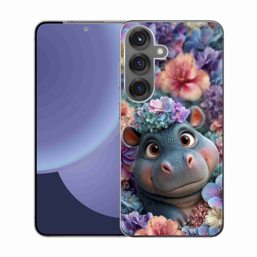 Gélový kryt mmCase na Samsung Galaxy S25 - hrošík v kvetoch