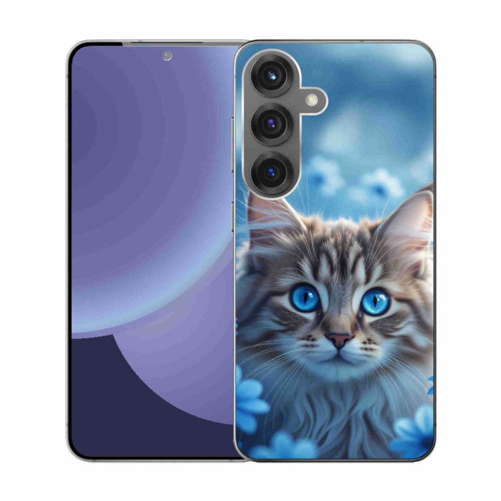 Gélový kryt mmCase na Samsung Galaxy S25 - mačiatko v modrých kvetoch