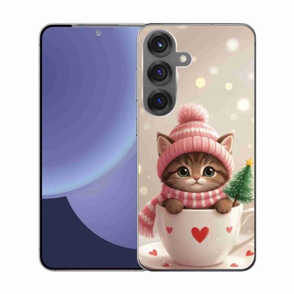 Gélový kryt mmCase na Samsung Galaxy S25 - vianočné mačiatko v hrnčeku