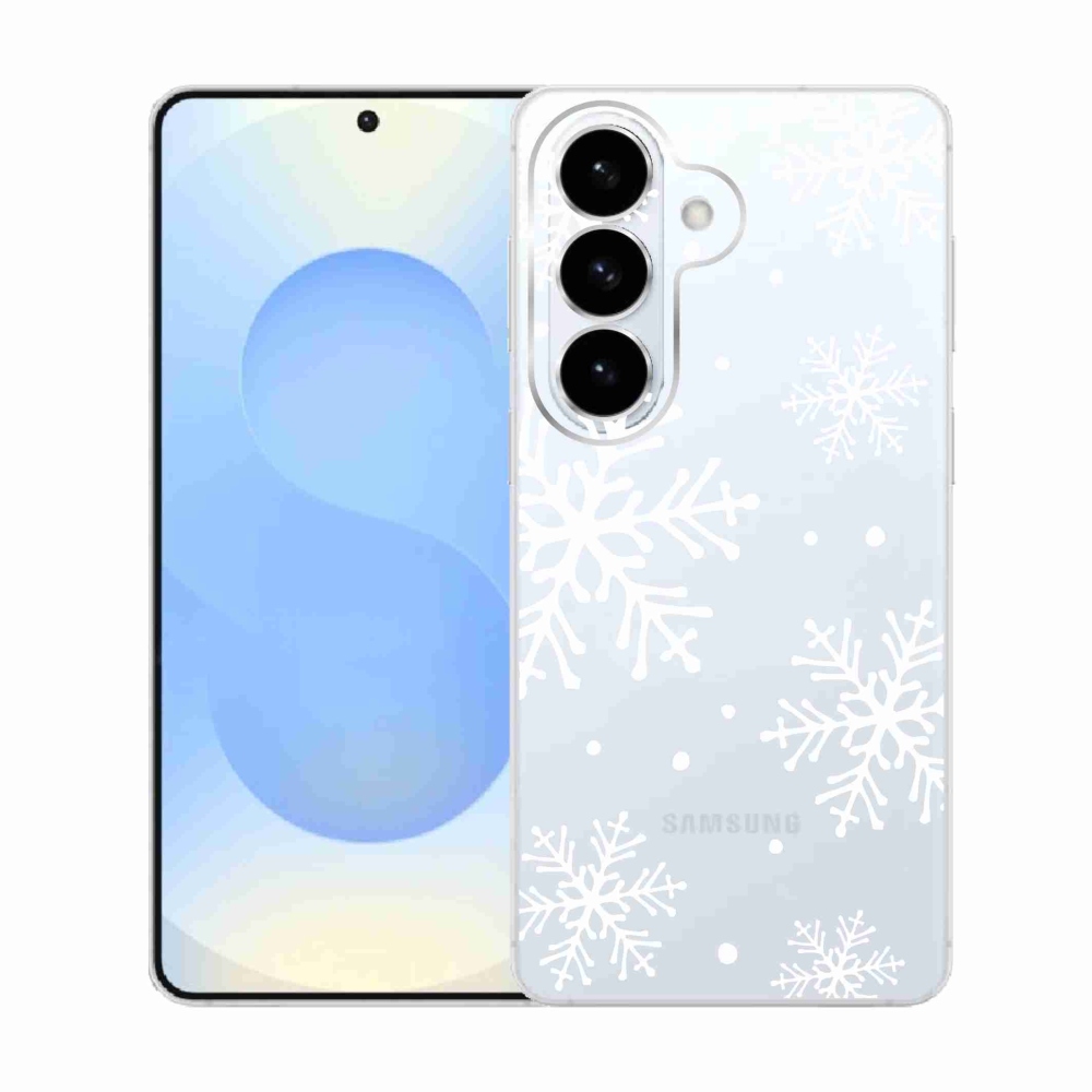 Gélový kryt mmCase na Samsung Galaxy S26 - biele vločky na priehľadnom pozadí