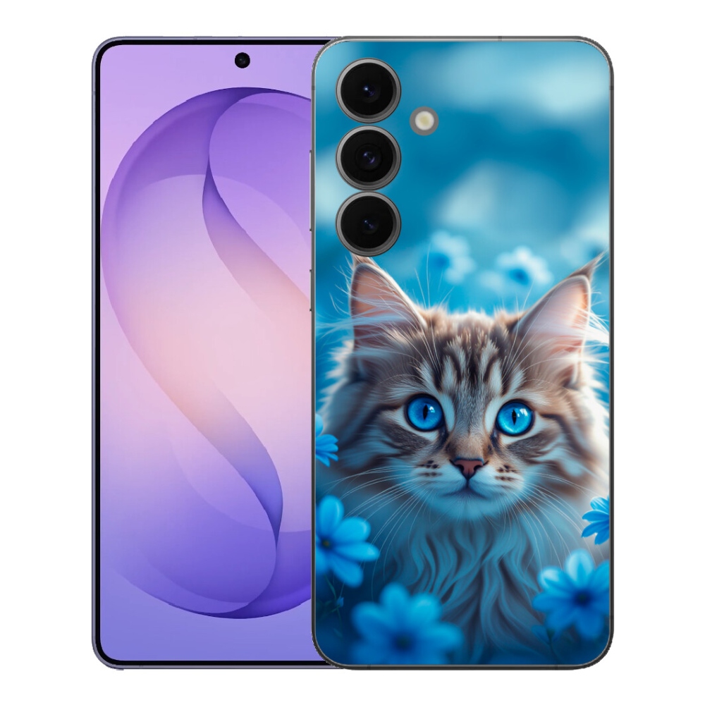 Gélový kryt mmCase na Samsung Galaxy S26 FE - mačiatko v modrých kvetoch