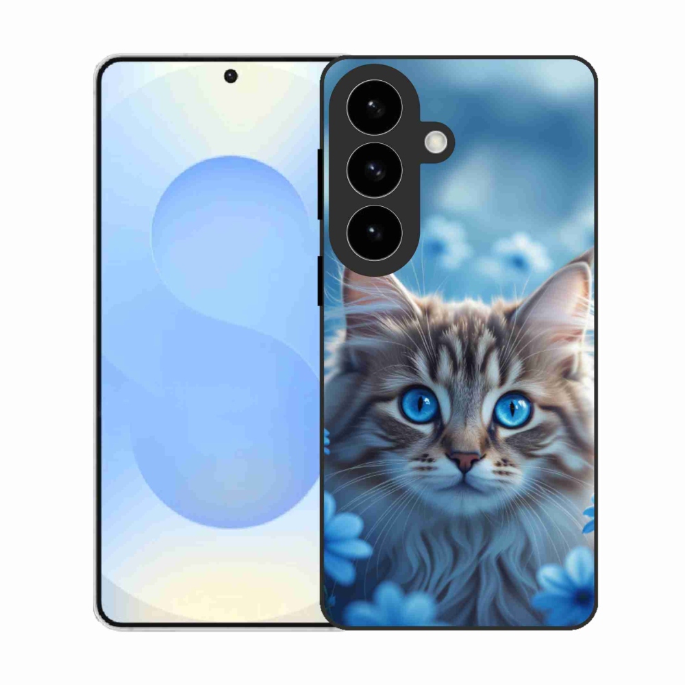 Gélový kryt mmCase na Samsung Galaxy S26 - mačiatko v modrých kvetoch