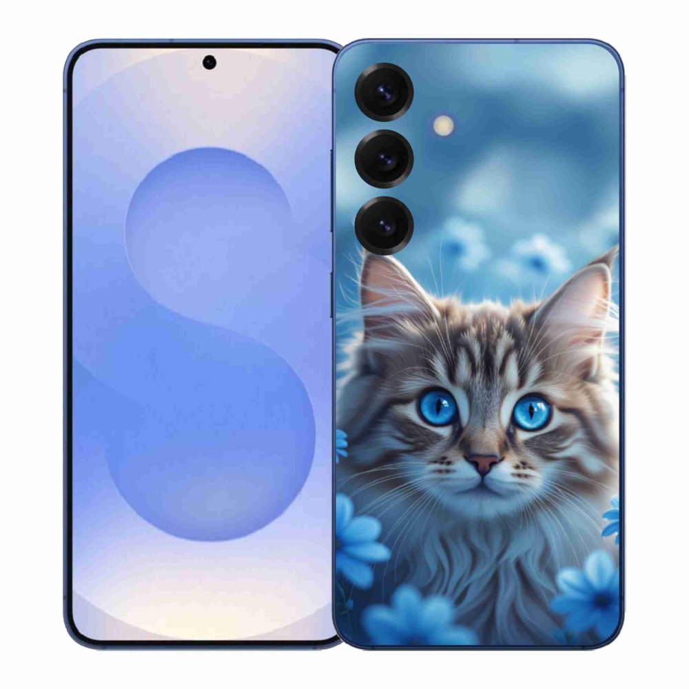 Gélový kryt mmCase na Samsung Galaxy S26+ - mačiatko v modrých kvetoch