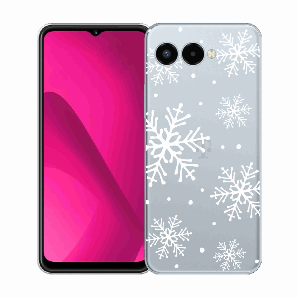 Gélový kryt mmCase na T-Mobile T Phone 3 - biele vločky na priehľadnom pozadí