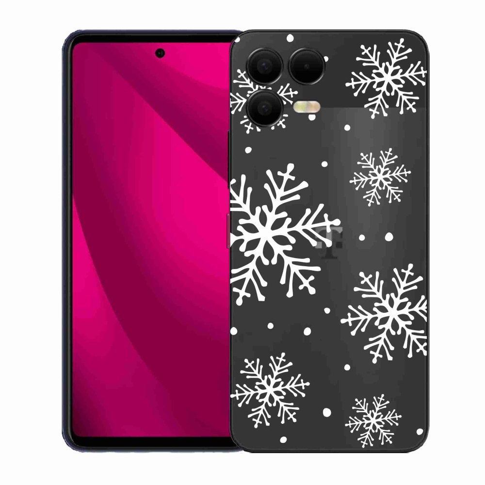 Gélový kryt mmCase na T-Mobile T Phone 3 Pro - biele vločky na priehľadnom pozadí