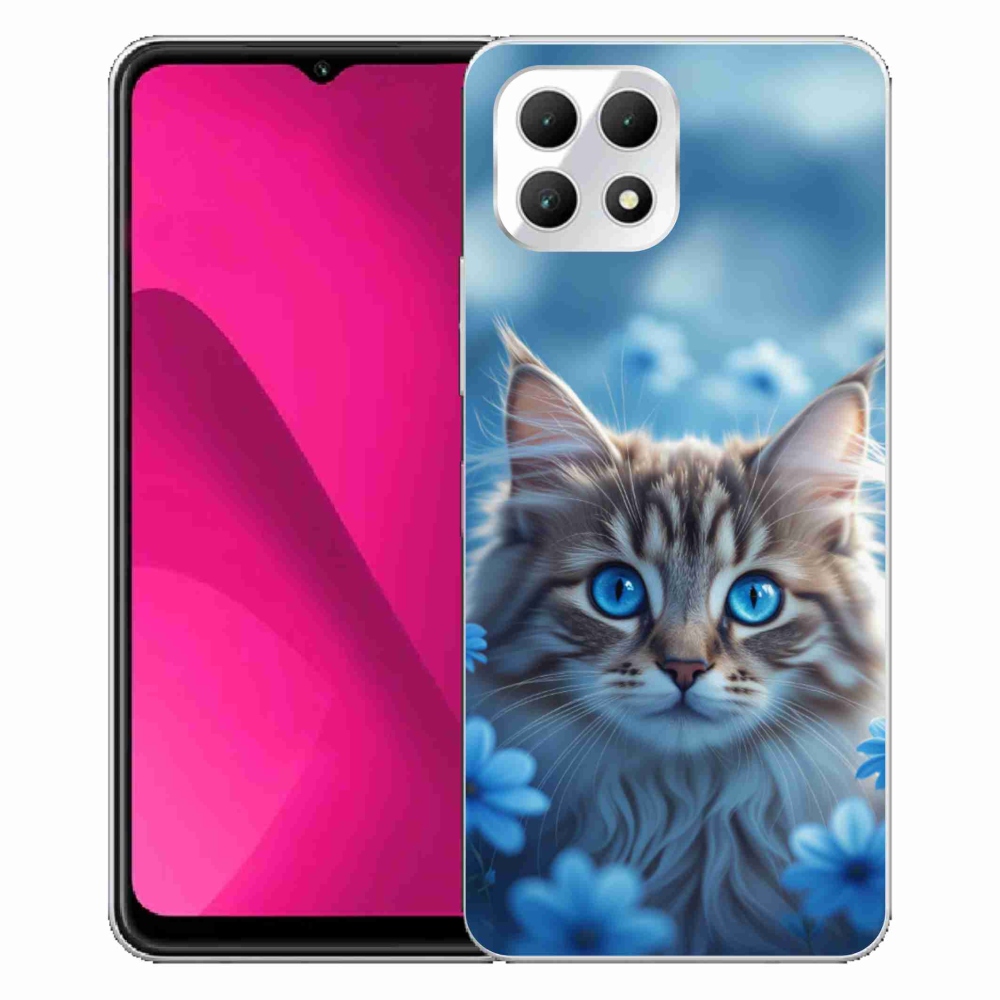 Gélový kryt mmCase na T phone 2 - mačiatko v modrých kvetoch