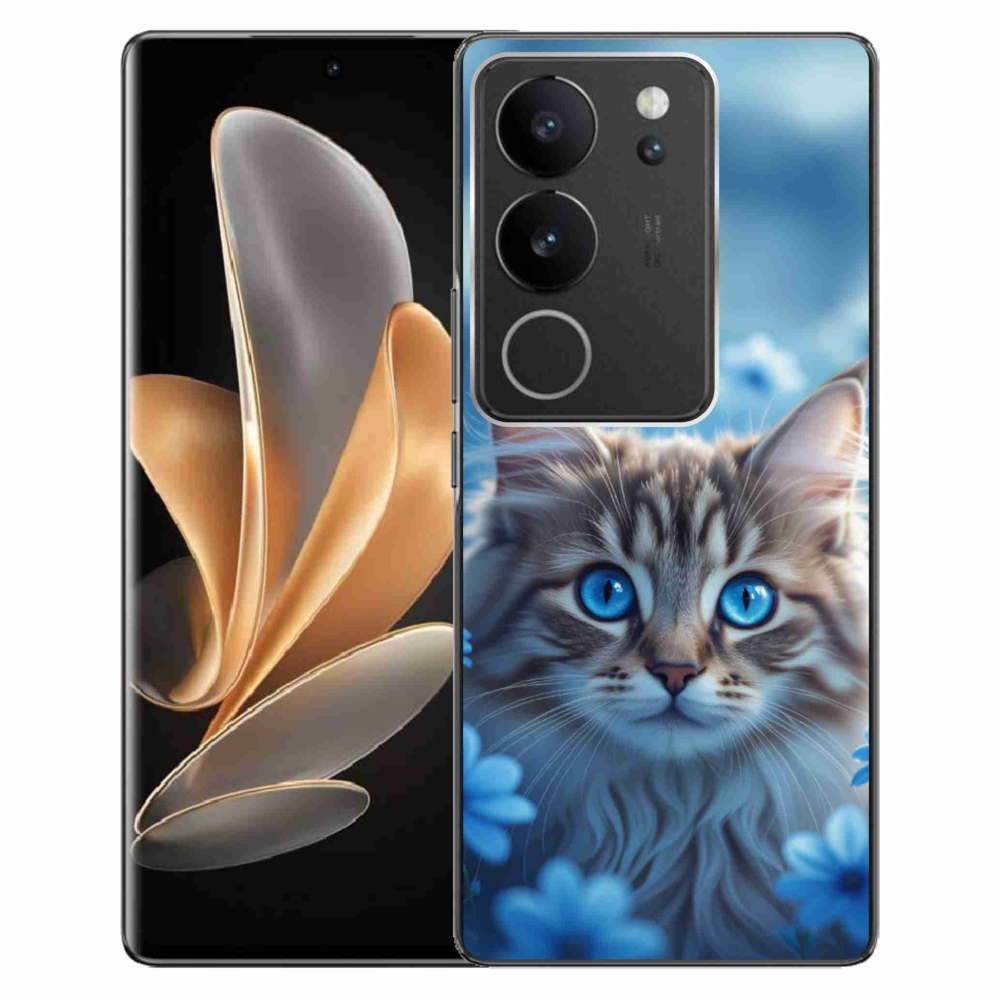 Gélový kryt mmCase na Vivo V29 5G - mačiatko v modrých kvetoch