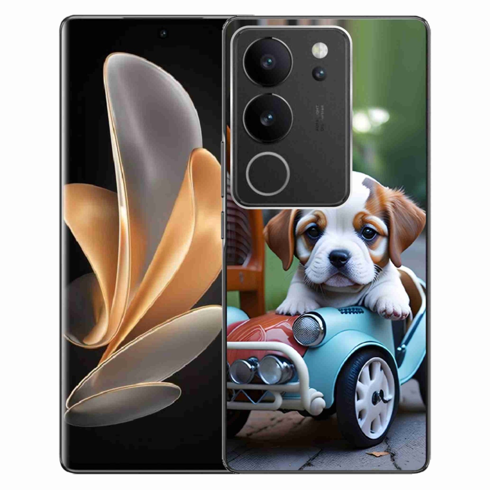 Gélový kryt mmCase na Vivo V29 5G - šteňa v retro aute