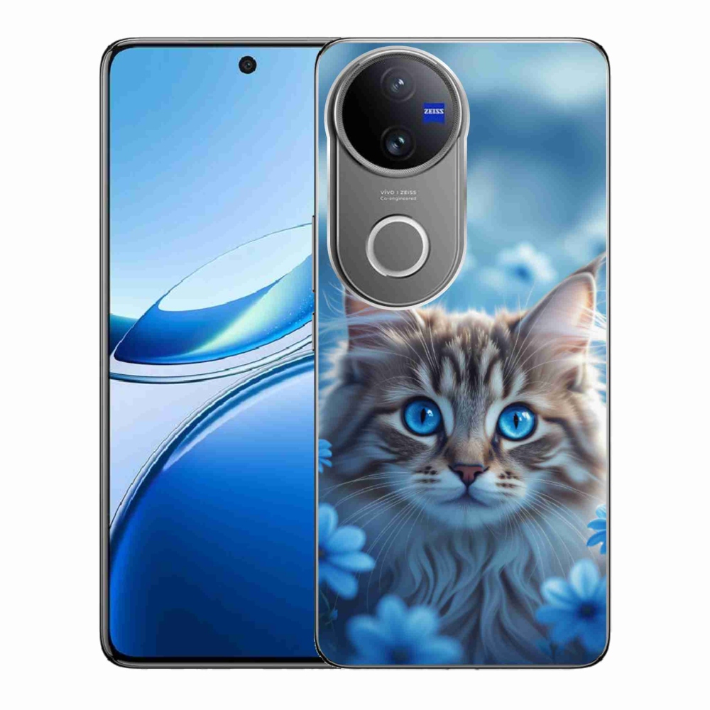 Gélový kryt mmCase na Vivo V50 5G - mačiatko v modrých kvetoch