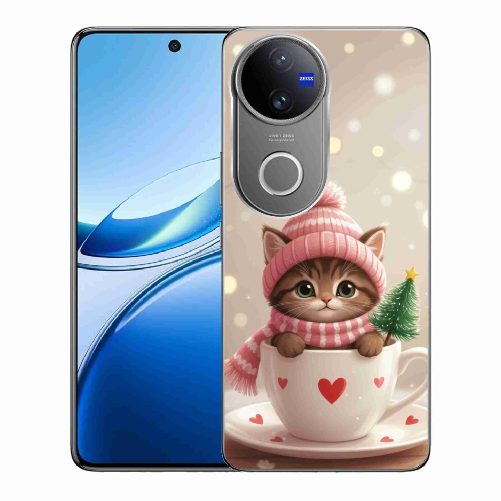 Gélový kryt mmCase na Vivo V50 5G - vianočné mačiatko v hrnčeku