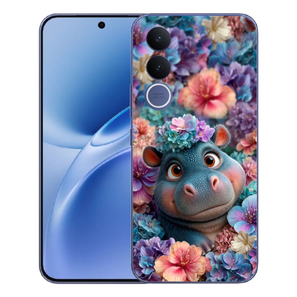 Gélový kryt mmCase na Vivo V70 FE - hrošík v kvetoch