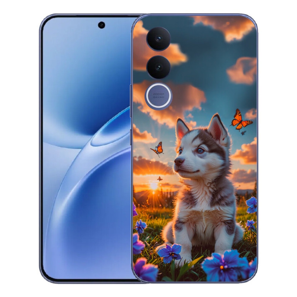 Gélový kryt mmCase na Vivo V70 FE - husky pri západe slnka