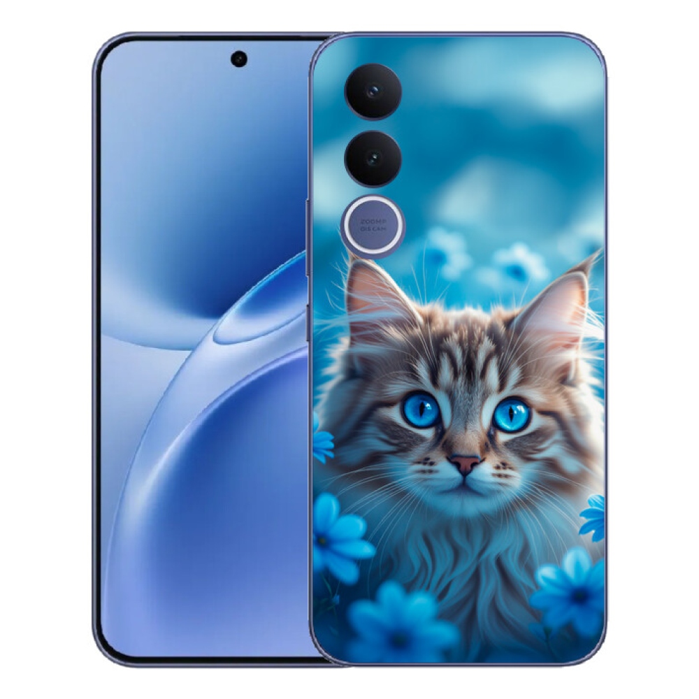 Gélový kryt mmCase na Vivo V70 FE - mačiatko v modrých kvetoch