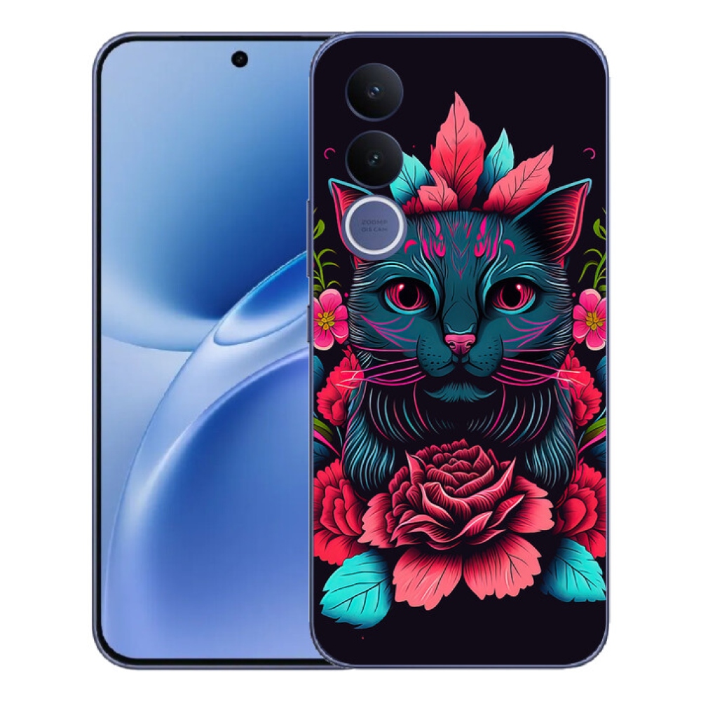 Gélový kryt mmCase na Vivo V70 FE - kvety a mačka