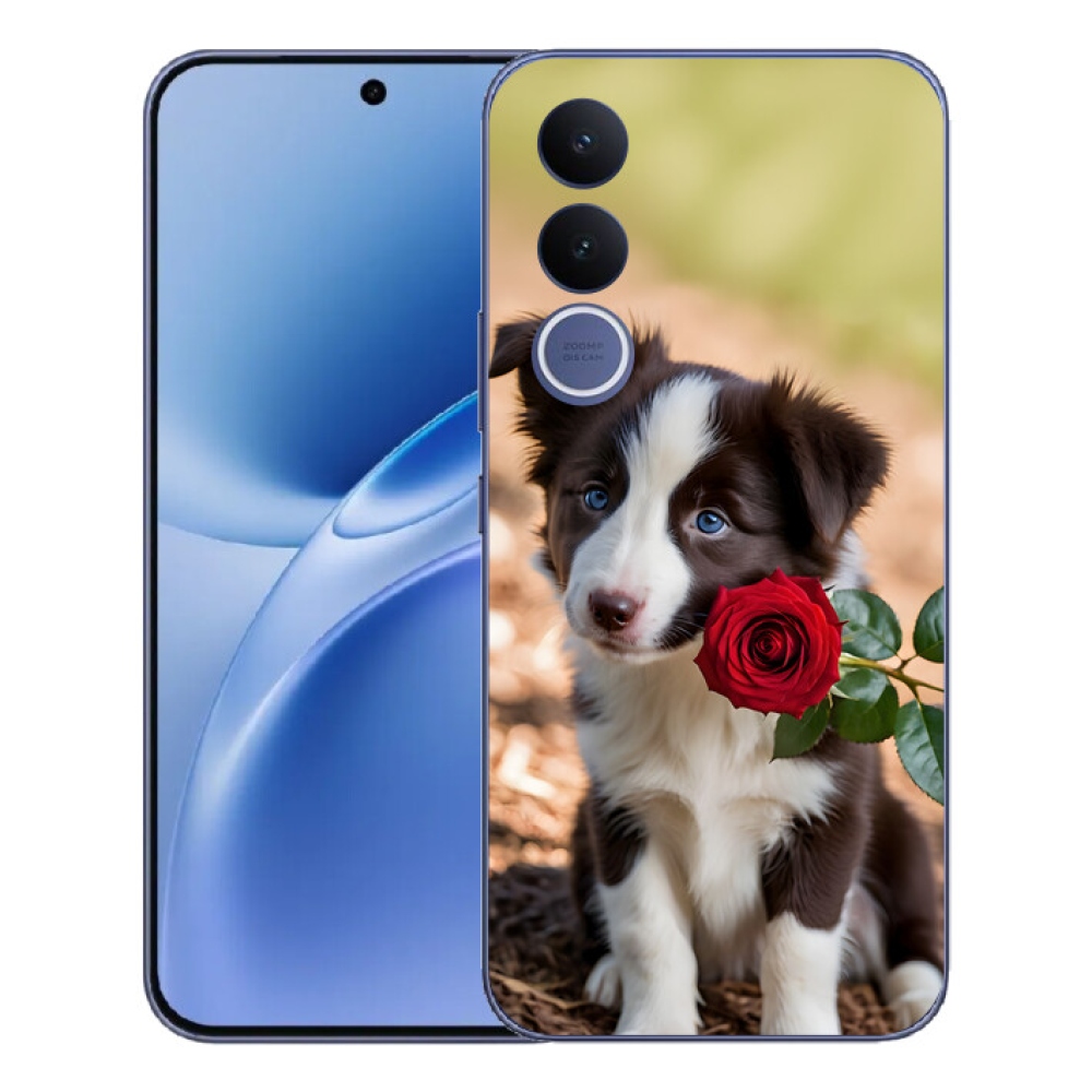 Gélový kryt mmCase na Vivo V70 FE - roztomilá border kólia s ružou