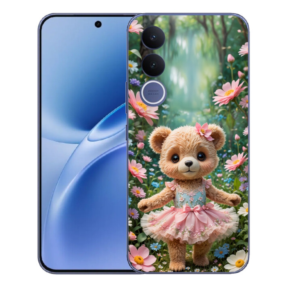 Gélový kryt mmCase na Vivo V70 FE - roztomilý medvedík v kvetoch
