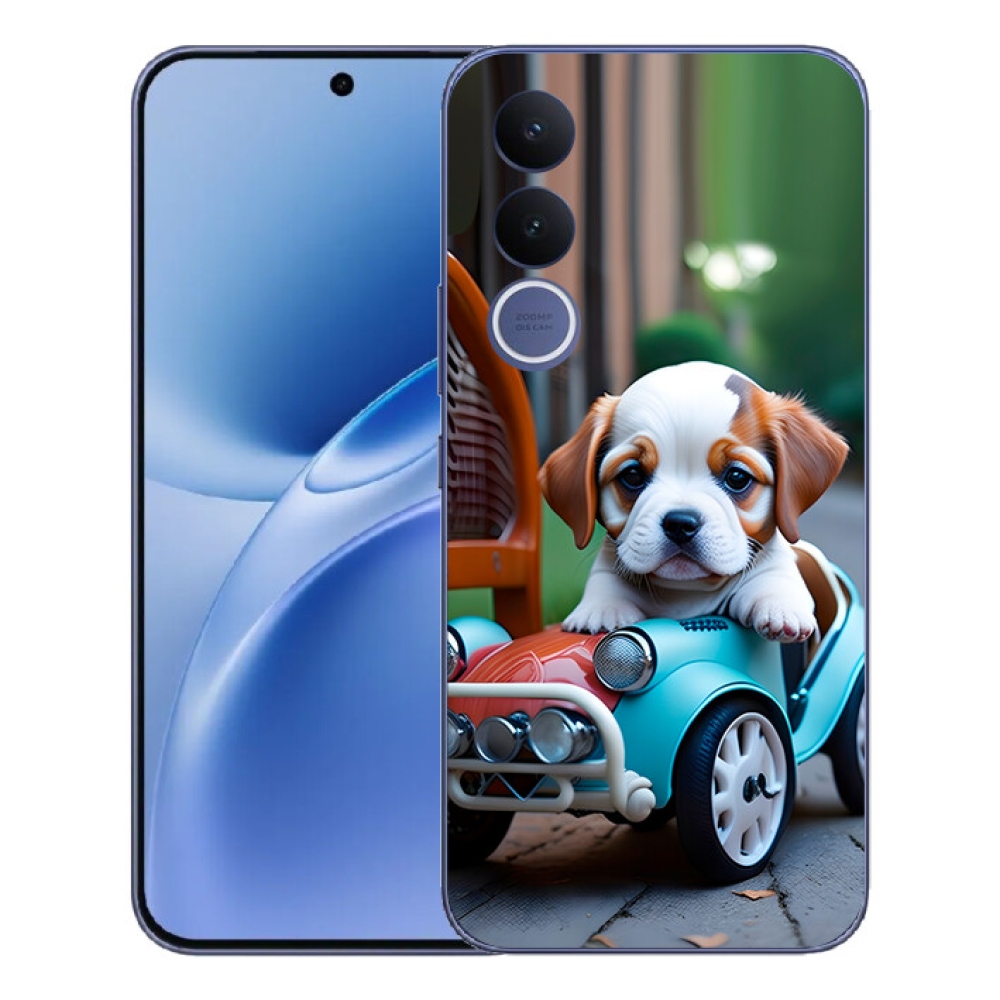 Gélový kryt mmCase na Vivo V70 FE - šteňa v retro aute