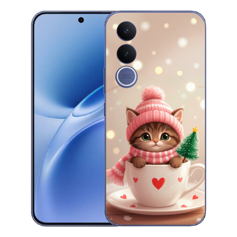 Gélový kryt mmCase na Vivo V70 FE - vianočné mačiatko v hrnčeku