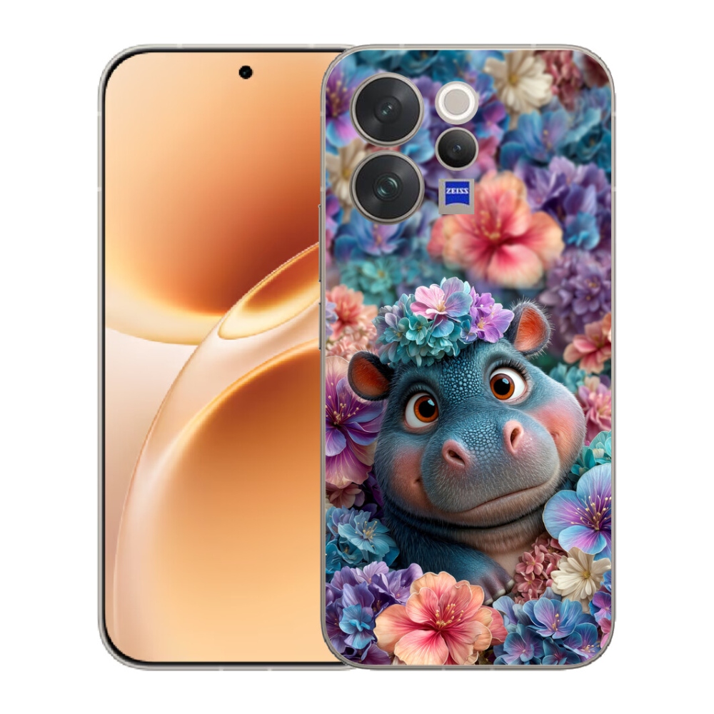 Gélový kryt mmCase na Vivo V70 - hrošík v kvetoch