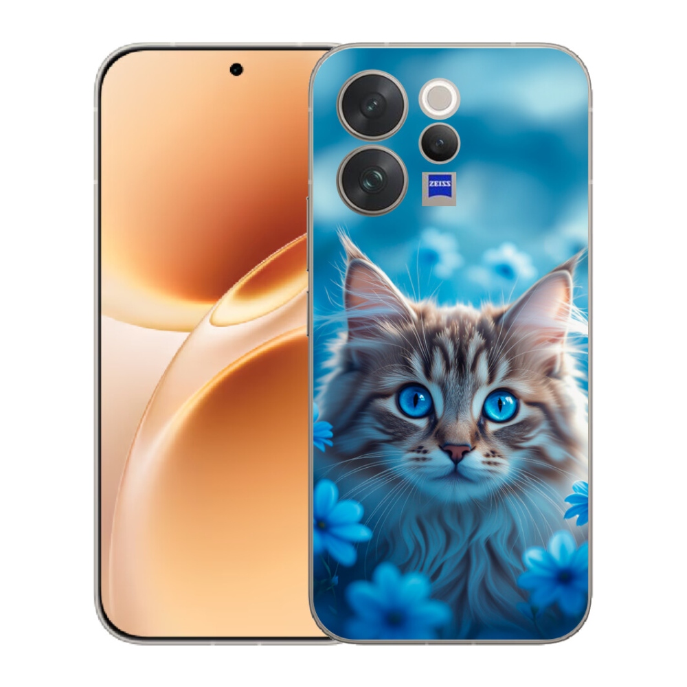 Gélový kryt mmCase na Vivo V70 - mačiatko v modrých kvetoch