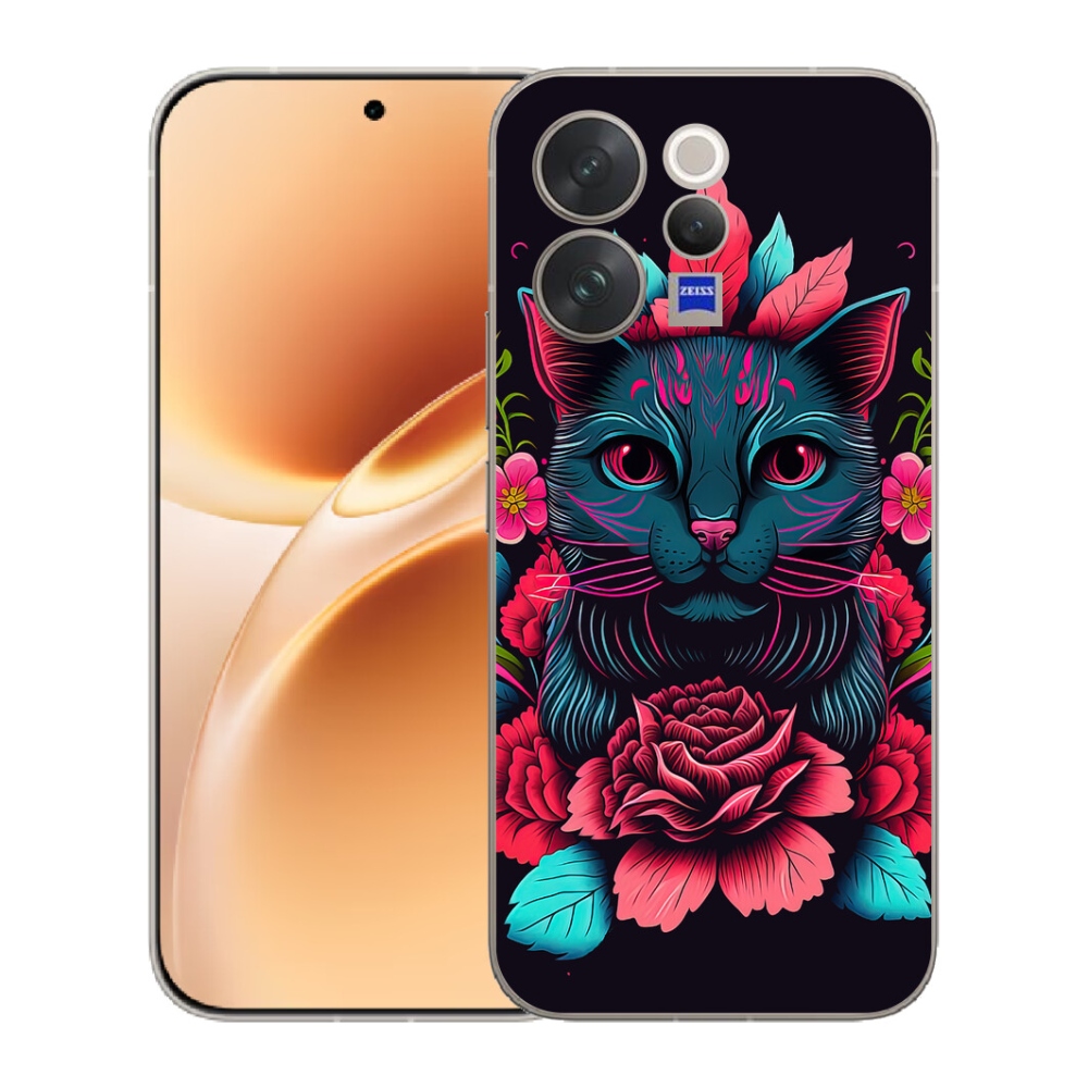 Gélový kryt mmCase na Vivo V70 - kvety a mačka