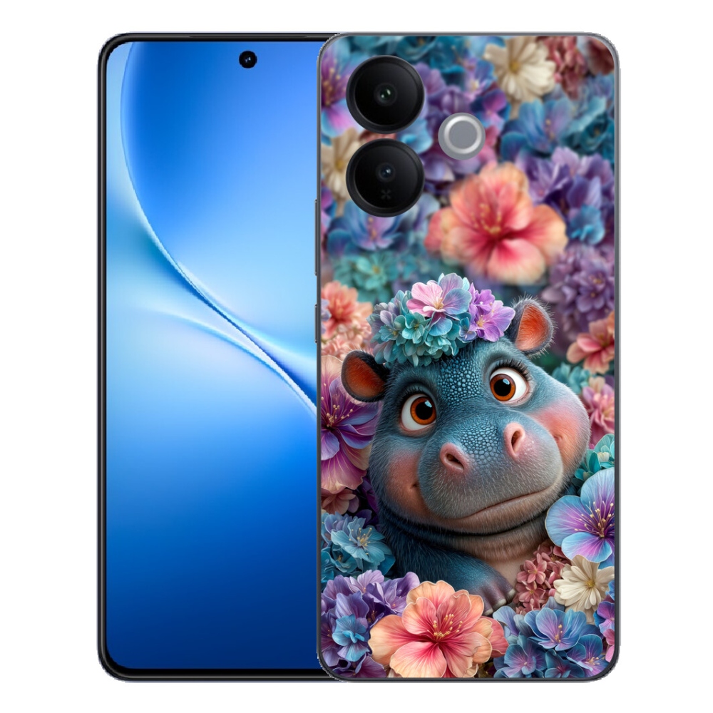 Gélový kryt mmCase na Vivo V70 Lite 5G - hrošík v kvetoch