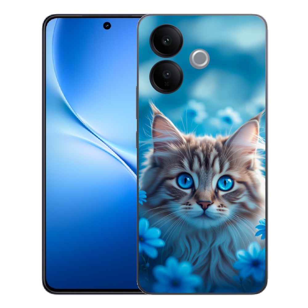 Gélový kryt mmCase na Vivo V70 Lite 5G - mačiatko v modrých kvetoch