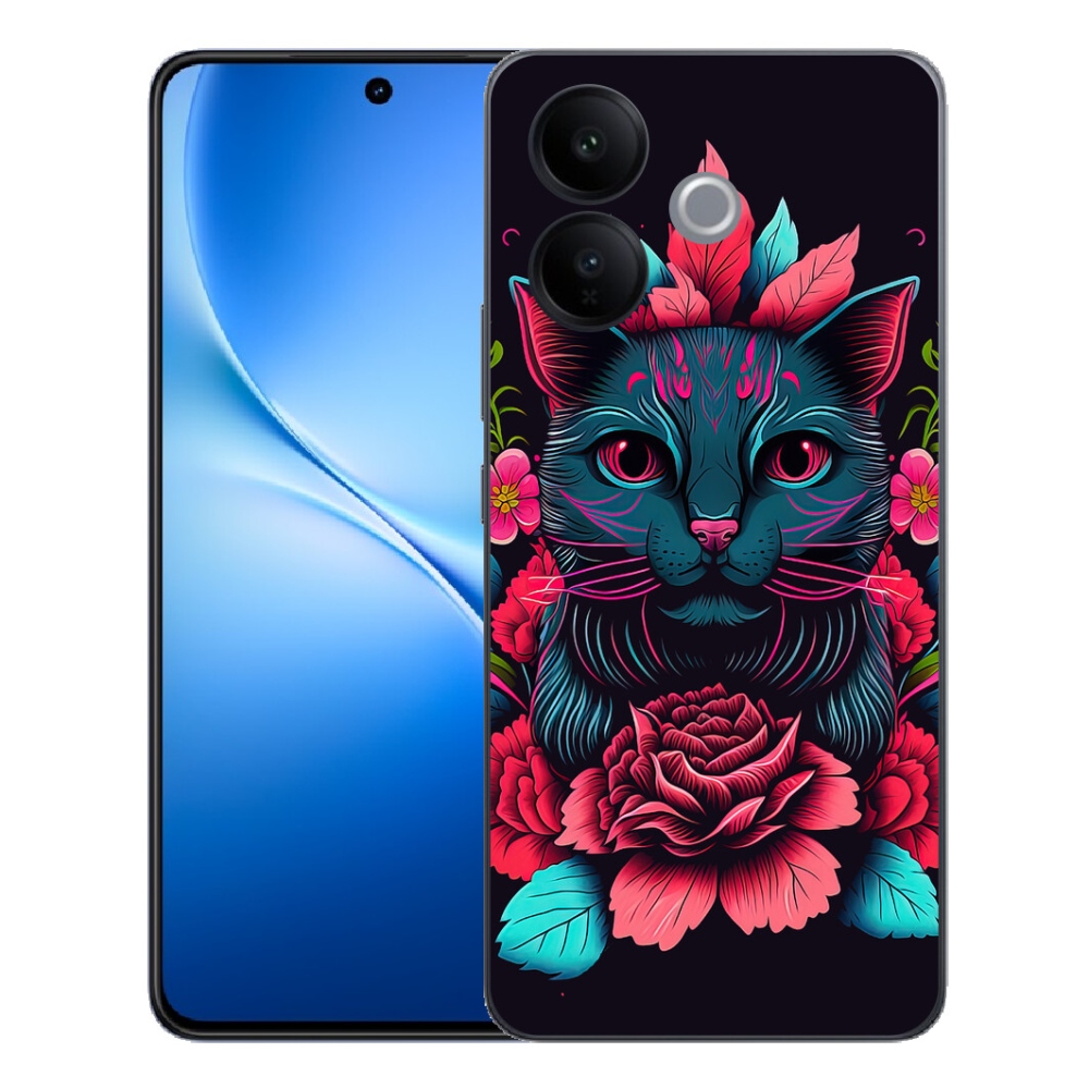 Gélový kryt mmCase na Vivo V70 Lite 5G - kvety a mačka