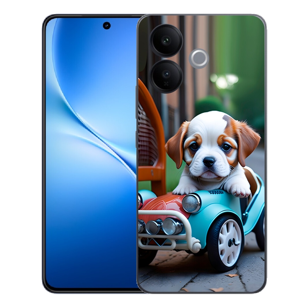 Gélový kryt mmCase na Vivo V70 Lite 5G - šteňa v retro aute