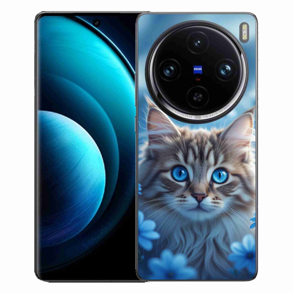 Gélový kryt mmCase na Vivo X100 Pro 5G - mačiatko v modrých kvetoch