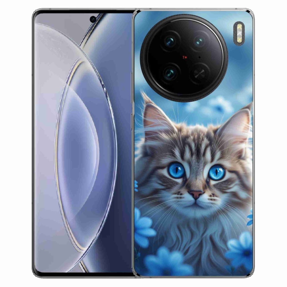 Gélový kryt mmCase na Vivo X90 Pro - mačiatko v modrých kvetoch