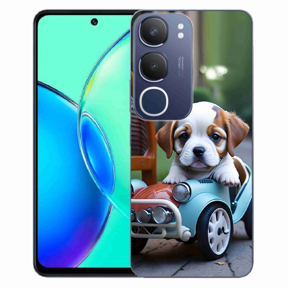 Gélový kryt mmCase na Vivo Y19S - šteňa v retro aute
