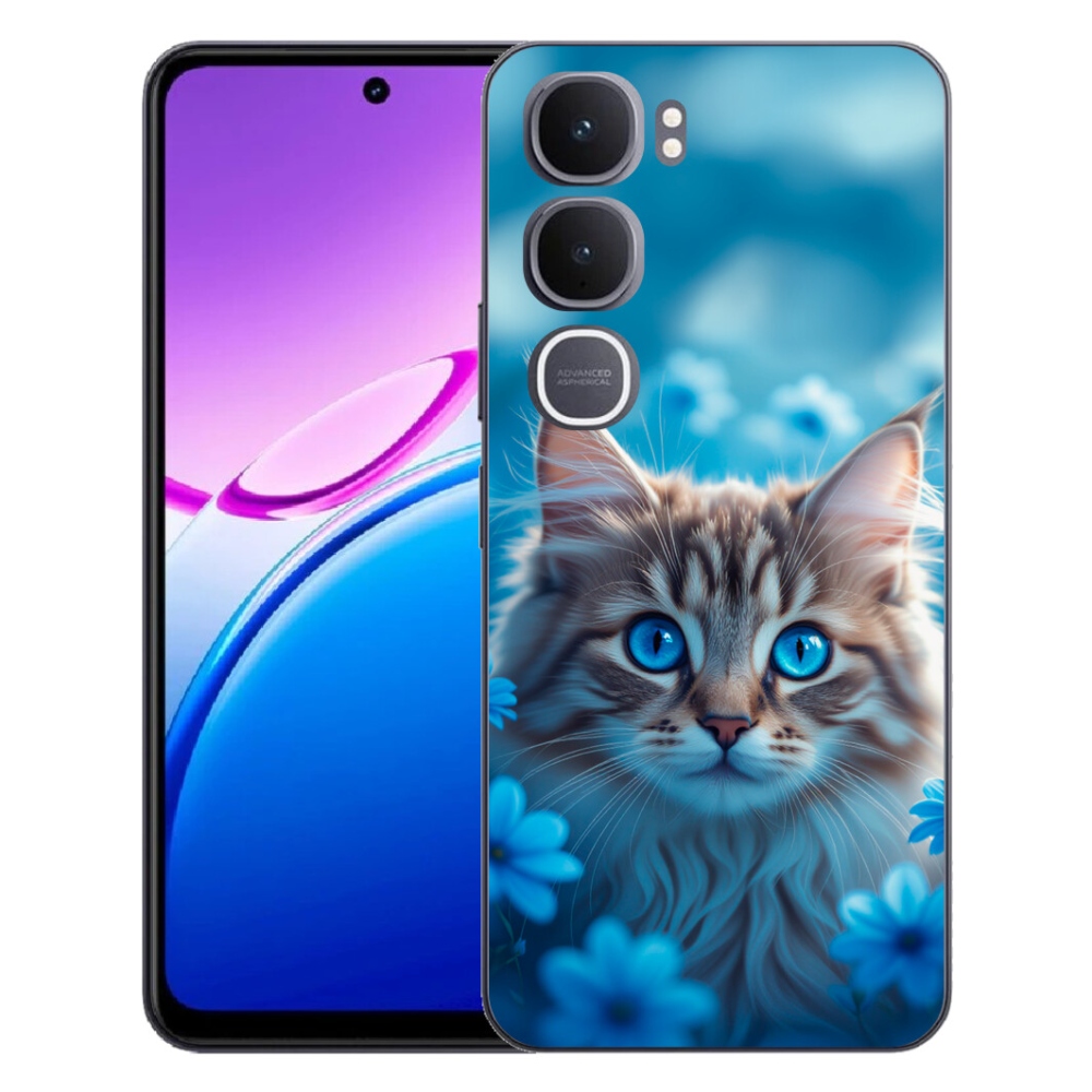 Gélový kryt mmCase na Vivo Y31 5G - mačiatko v modrých kvetoch