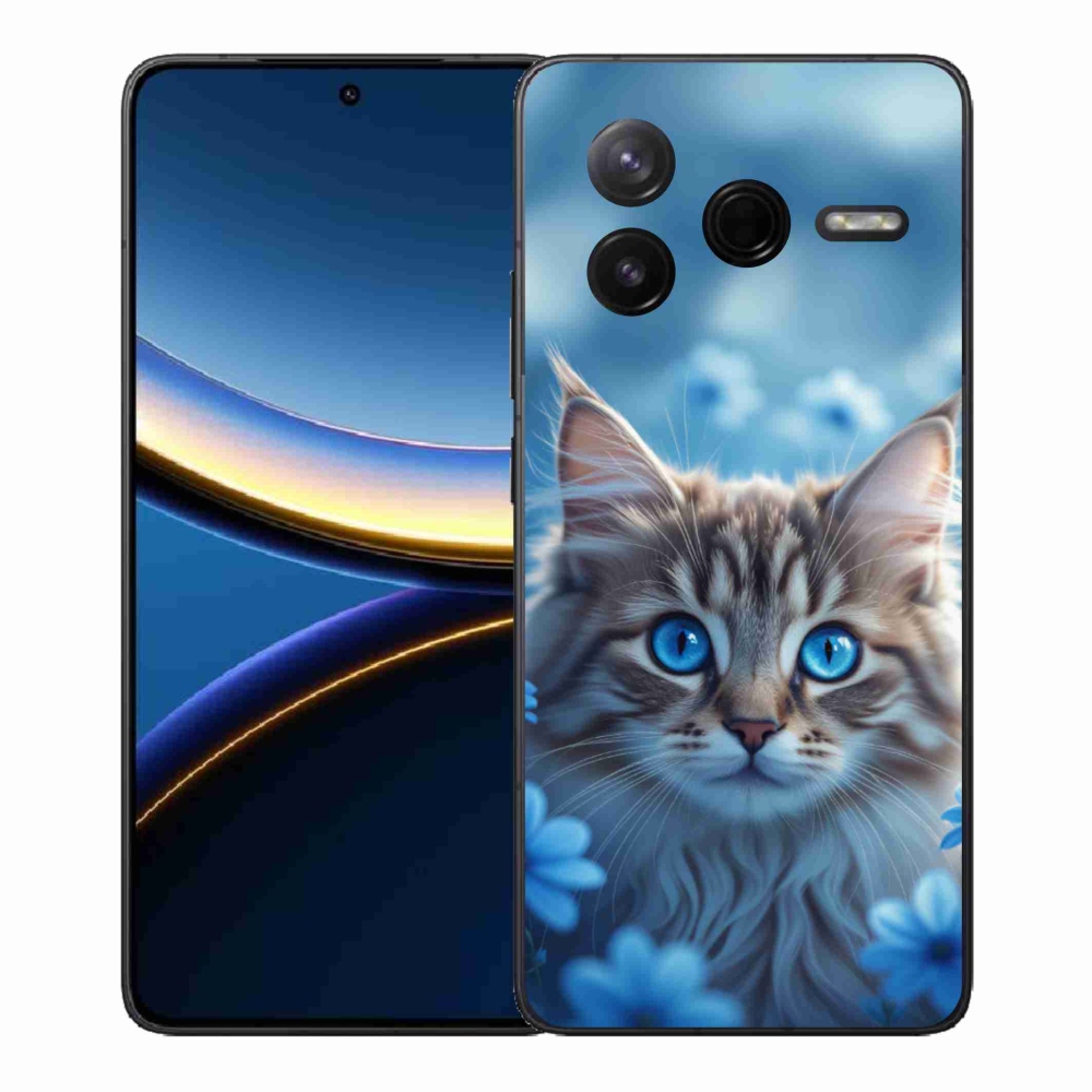 Gélový kryt mmCase na Xiaomi Poco F7 Pro - mačiatko v modrých kvetoch