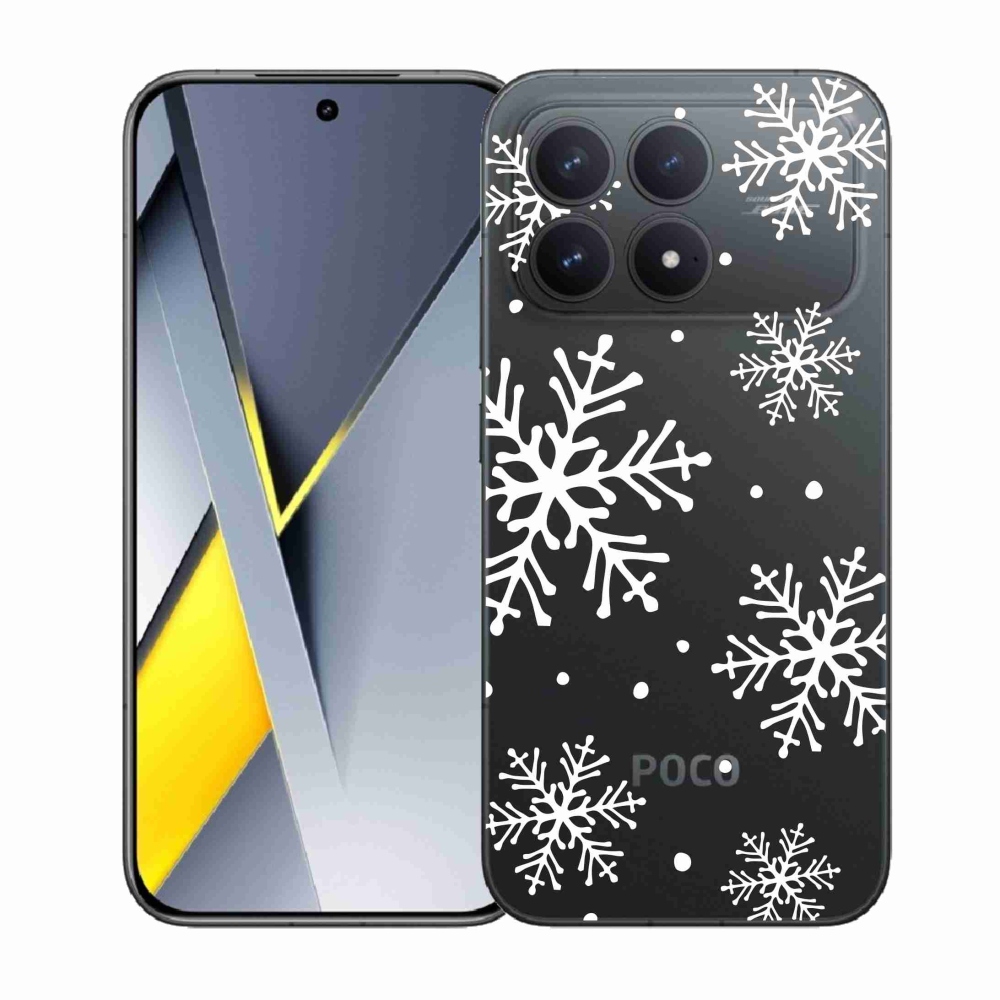 Gélový kryt mmCase na Xiaomi Poco F8 Pro - biele vločky na priehľadnom pozadí