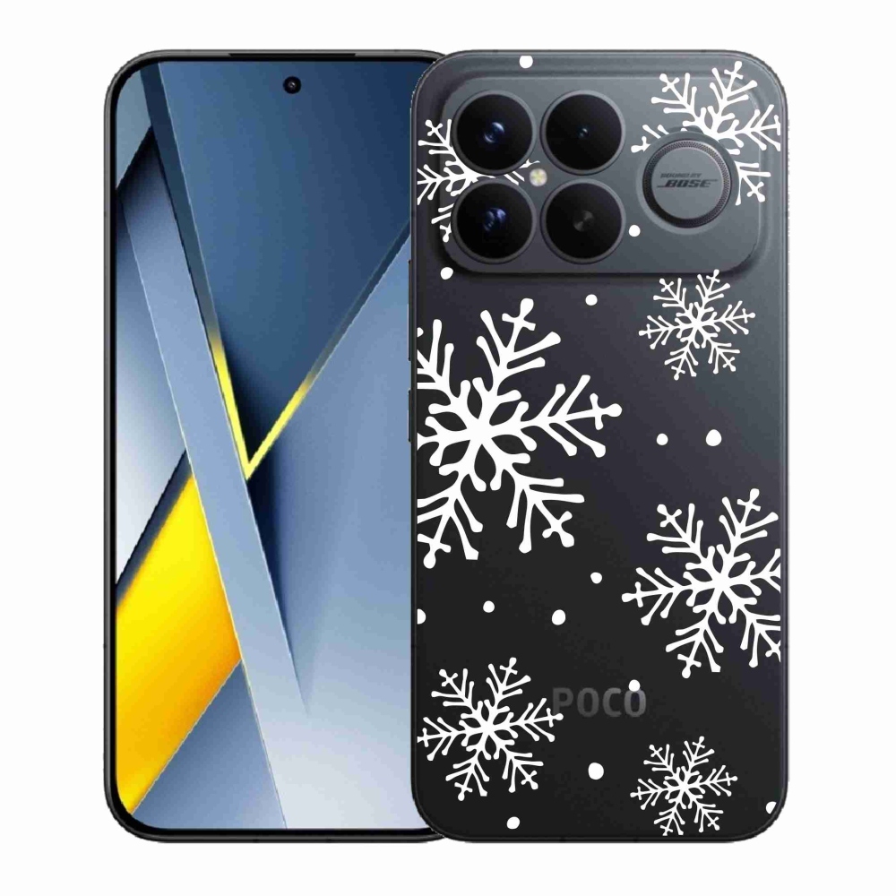 Gélový kryt mmCase na Xiaomi Poco F8 Ultra - biele vločky na priehľadnom pozadí