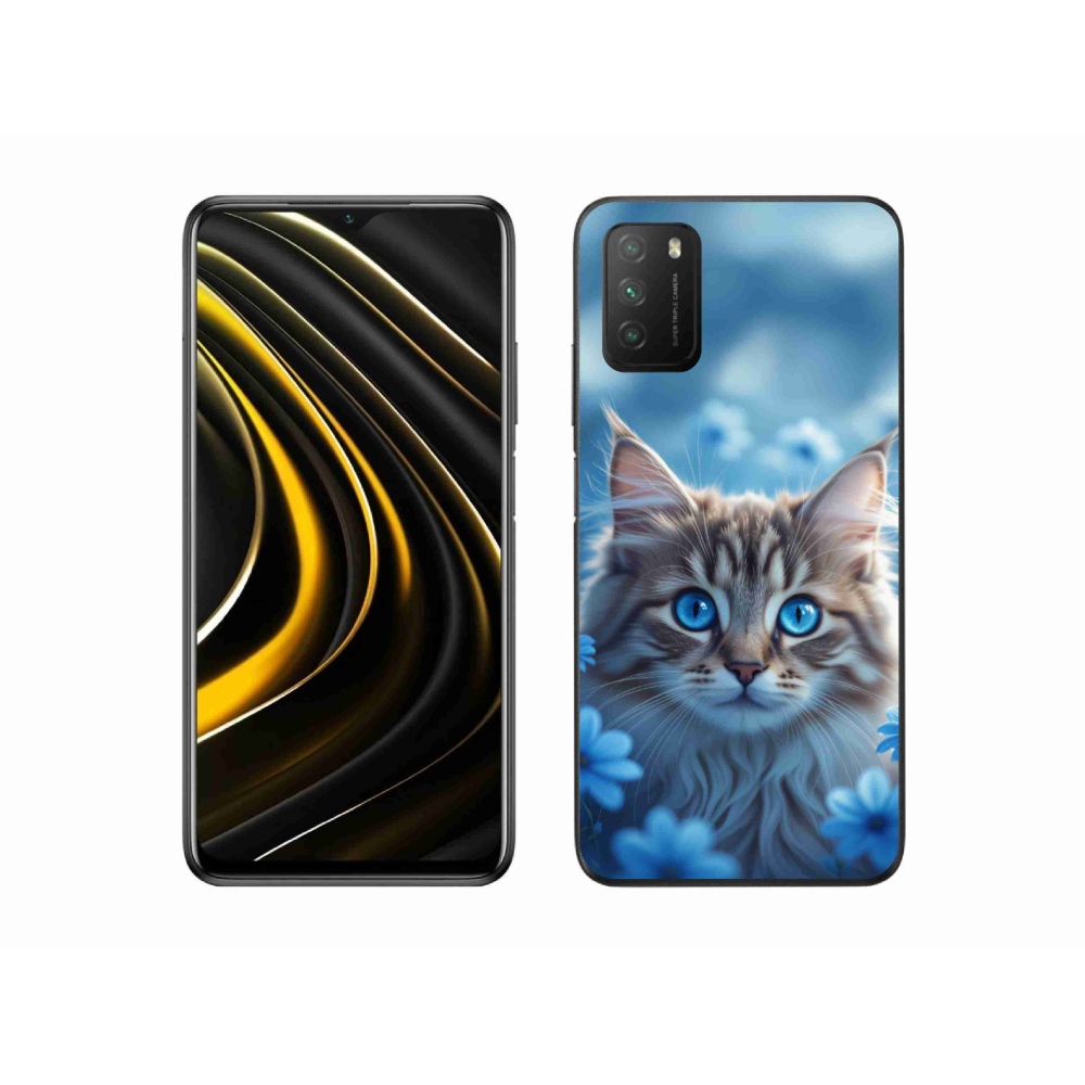 Gélový kryt mmCase na Xiaomi Poco M3 - mačiatko v modrých kvetoch